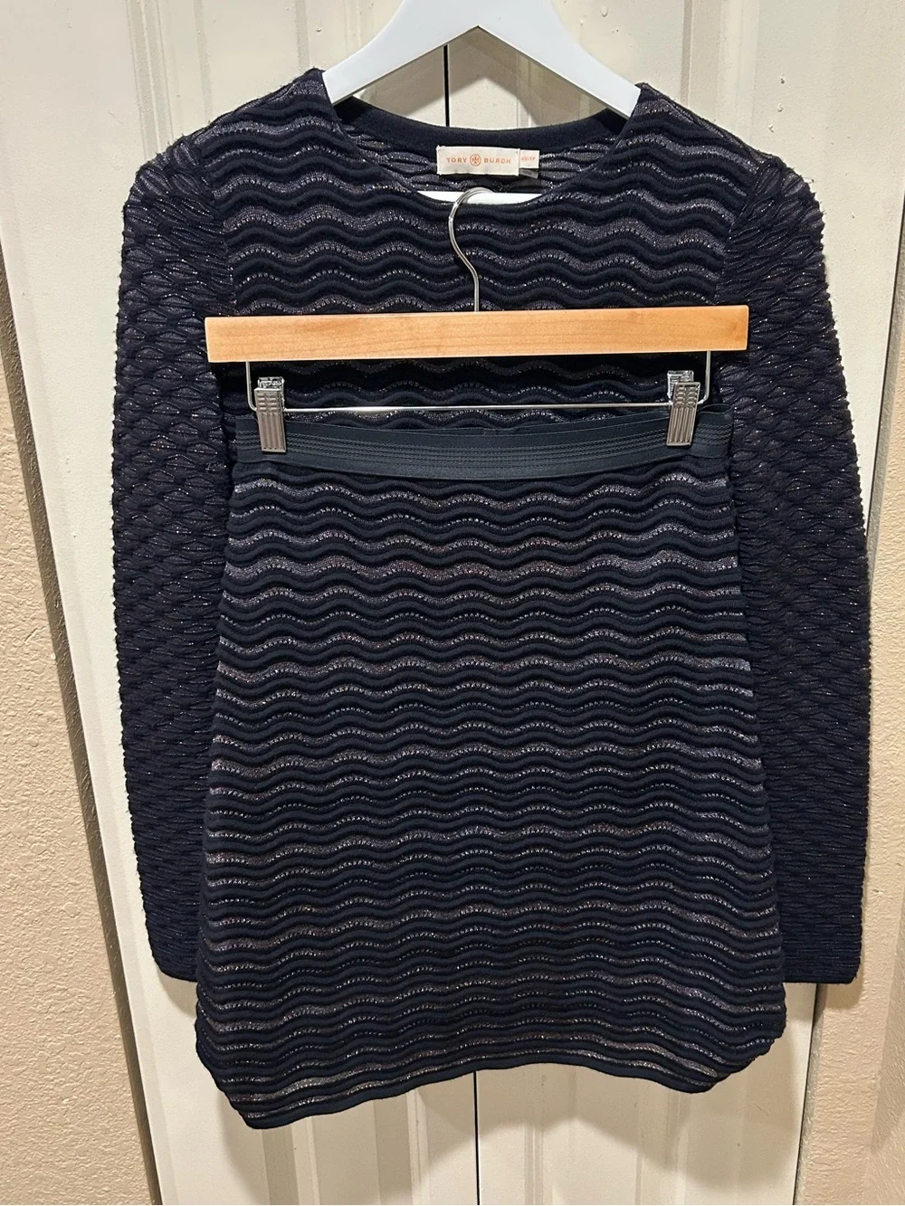 Tory Burch Merino Wool Striped Skirt Set Metallic Textured  , XS
